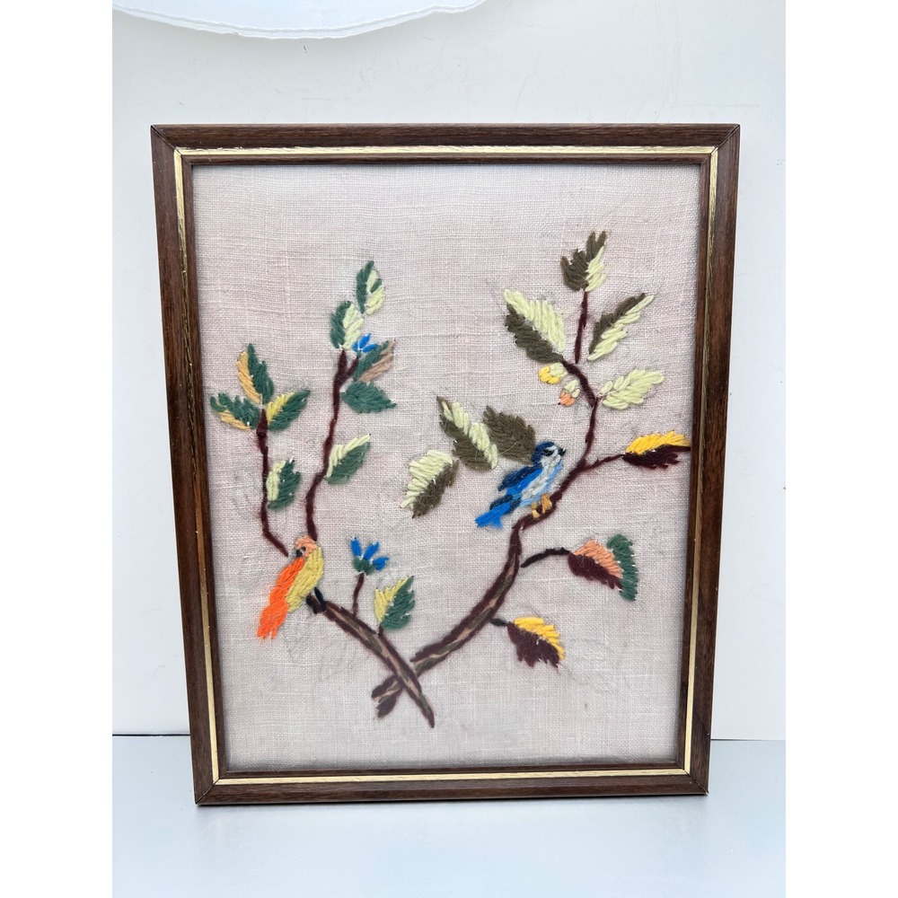Vintage 80s Hand Stitched Needlepoint Bird Art Framed Signed Martha Colyer